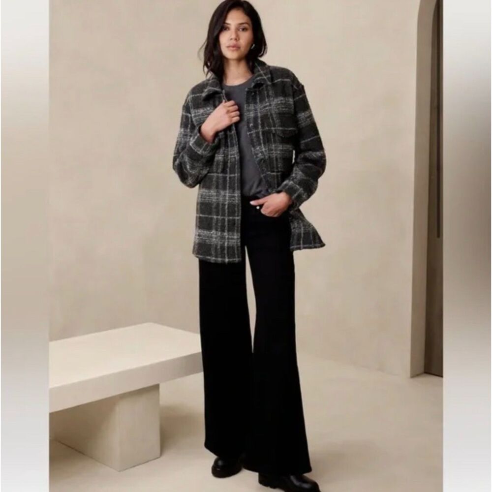 Banana Republic Womens Wool Blend Plaid Shacket Sz Small Dark Charcoal
